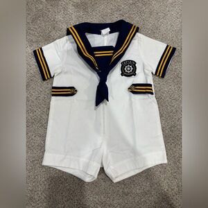 Vintage Toddler Sailor Captain Navy Blue and White Nautical Size 2 Romper